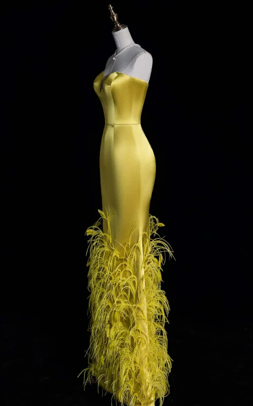 Elegant Sweetheart Mermaid Long Prom Dresses Satin Yellow Formal Dresses Sleeveless Evening Dresses DP3276 - Deanwangkt