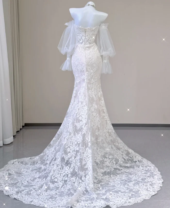 Elegant Mermaid Off The Shoulder Tulle Wedding Dresses Lace Brides Dress P0004 - Deanwangkt