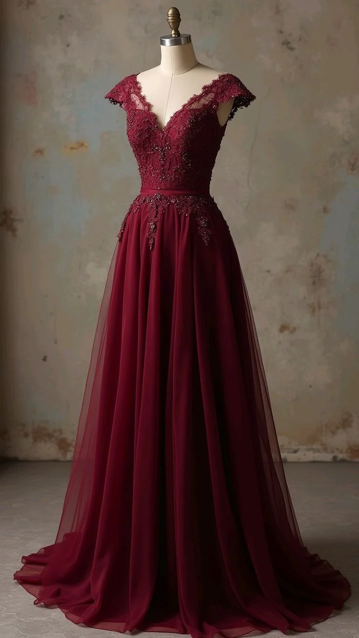 Vintage A line V Neck Wine Red Lace Long Prom Dresses Party Dress Graduation Dresses W0315 - Deanwangkt