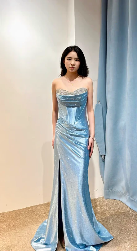 Chic Strapless Sheath Blue Long Prom Dresses Sleeveless Satin Blue Formal Dresses DP3882 - Deanwangkt