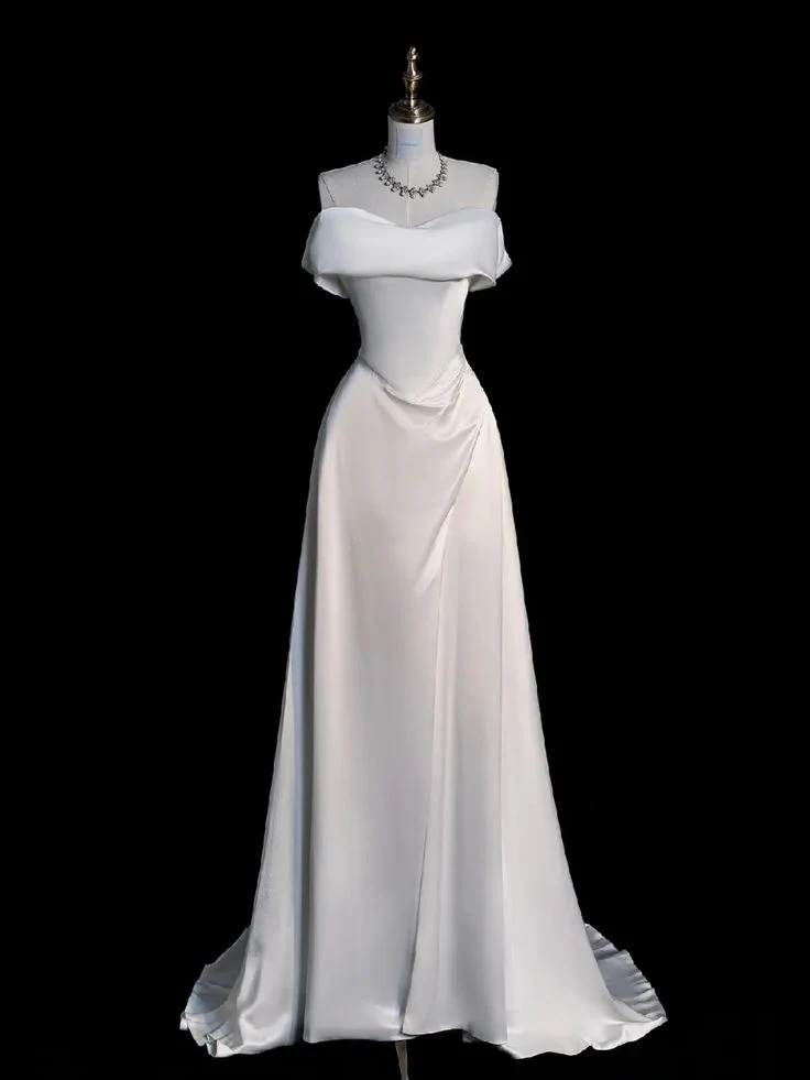 Simple Bridal Gown A Line Off The Shoulder White Short Sleeves Long Wedding Dresses Elegant Bridal Gowns DH915 - Deanwangkt