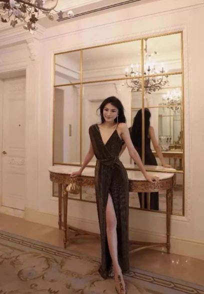 Modest Sheath Spaghetti Strap Long Evening Gown Brown Velvet Formal Dress Elegant Slit Prom Dress DP2803 - Deanwangkt