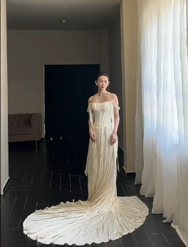 Timeless Off-the-shoulder Sheath Satin Luxury Wedding Dress, Light Champagne Bridal Gowns DP3080 - Deanwangkt