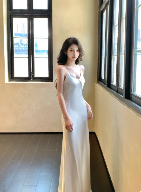 Elegant Sheath White Long Prom Dresses Spaghetti Strap Satin White Evening Dresses DP03957 - Deanwangkt