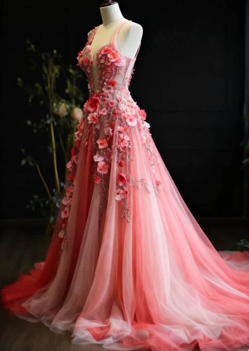 Pretty Ball Gown Sweetheart Pink Tulle Long Quinceanera Dress Formal Short Sleeves Flowers Vestido De 15 Anos Sweet 16 Dress W0288 - Deanwangkt