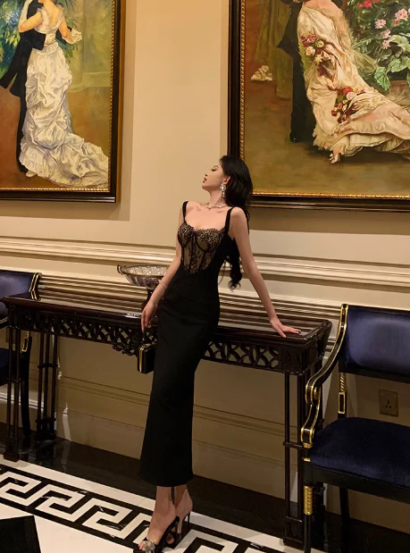 Elegant Mermaid Spaghetti Straps Black Lace Sleeveless 18th Birthday Dress Party Gown Birthday Outfits Birthday Dress Ideas For Women DP568 - Deanwangkt