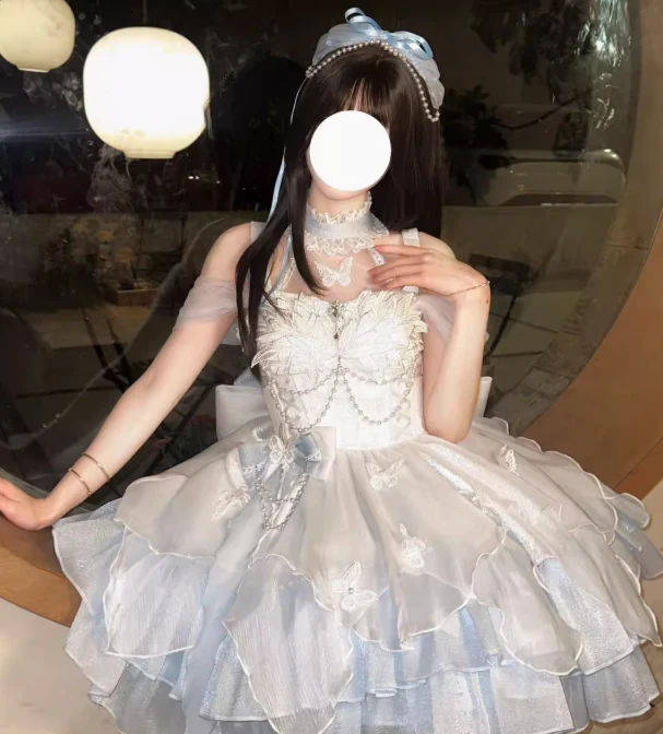 Vintage White Ball Gown Spaghetti Strap Chiffon Applique 22nd Birthday Dress Lolita Dress Cute Lolita Outfits DP2811 - Deanwangkt