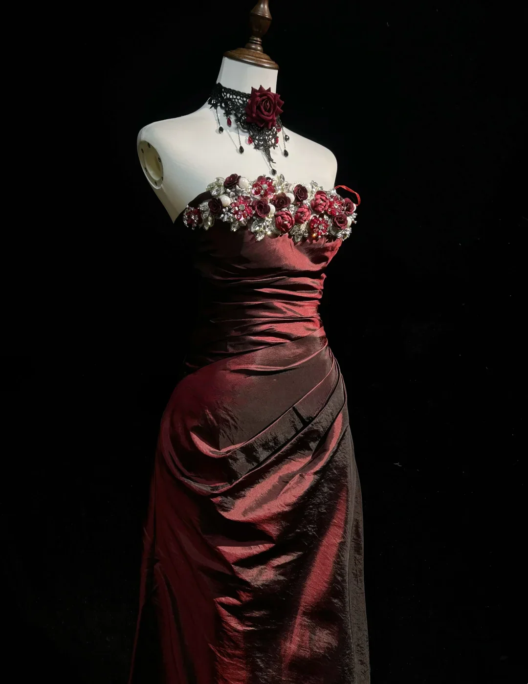 Retro A Line Strapless Burgundy Sleeveless Taffeta Long Flowers Prom Dresses Party Dress 18th Birthday Outfits Graduation Dresses DH2656 - Deanwangkt