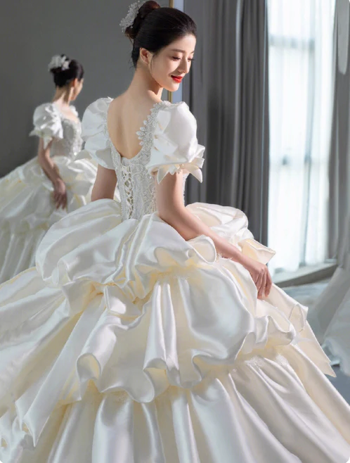 Princess Bridal Dress Ball Gown V-Neck Satin White Beads Long Wedding Dress Modest  Bridal Gowns DP2767 - Deanwangkt