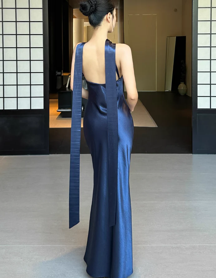 Elegant Sheath Navy Blue Evening Dresses, Halter Neck Satin Wedding Guest Dresses DP2999 - Deanwangkt