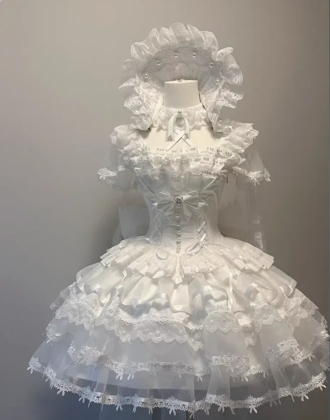 Fairy Square Neck Ball Gown Beaded Lace Cute Birthday Dresses White Lolita Dresses DP3200 - Deanwangkt