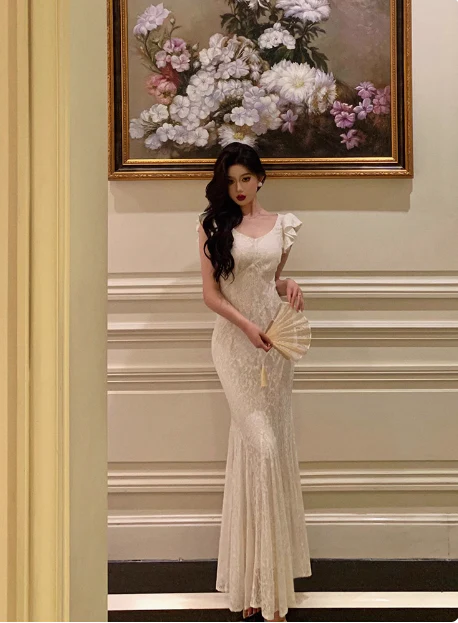 Classy Mermaid Lace White Long 18th Birthday Dress Party Gown 21st Birthday Outfits Birthday Dress Ideas For Women DP600 - Deanwangkt