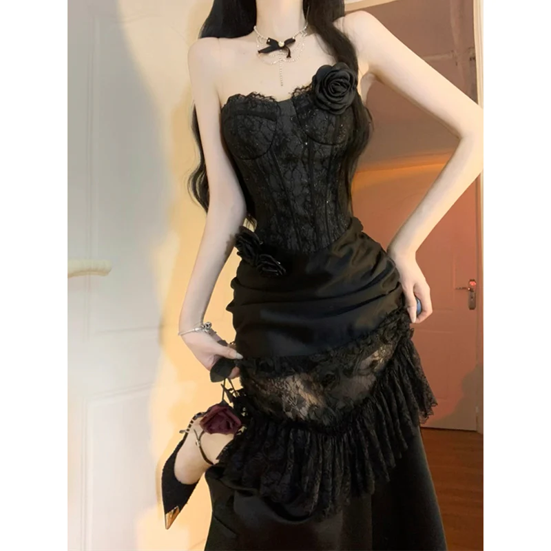 Vintage Mermaid Sweetheart Black Lace Summer 18th Birthday Dress Lolita Dress Birthday Outfits W1131 - Deanwangkt