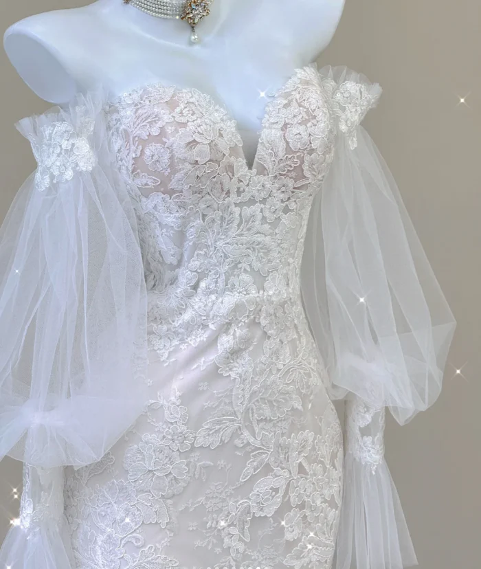 Elegant Mermaid Off The Shoulder Tulle Wedding Dresses Lace Brides Dress P0004 - Deanwangkt