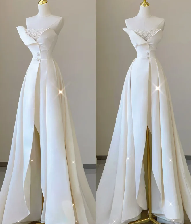 Unique A line Strapless Neckline Satin Long Wedding Dresses White Brides Dress DP459 - Deanwangkt