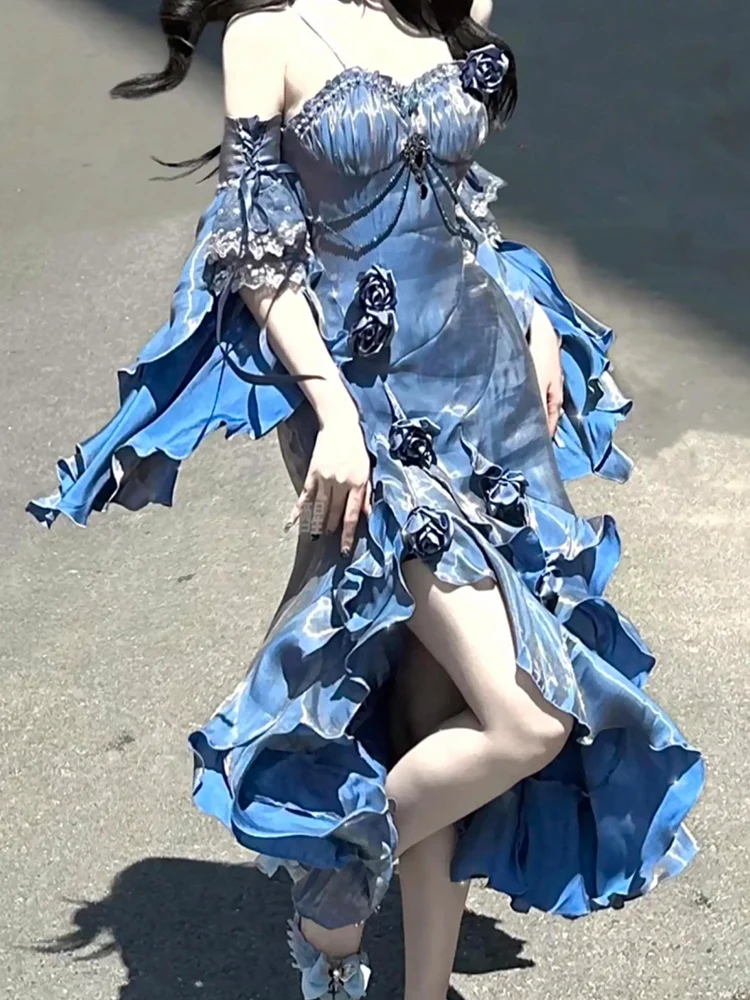 Vintage High Low Spaghetti Straps Blue 16th Birthday Dress Lolita Dress Satin Birthday Outfits DP0218 - Deanwangkt