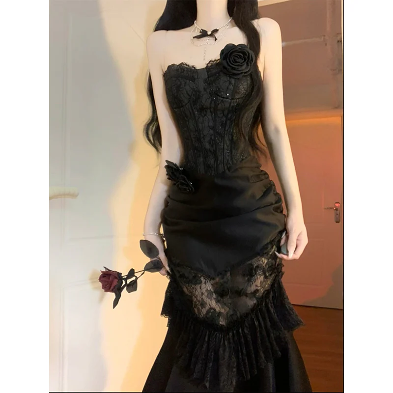 Vintage Mermaid Sweetheart Black Lace Summer 18th Birthday Dress Lolita Dress Birthday Outfits W1131 - Deanwangkt