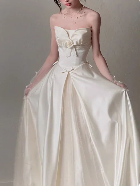 Elegant Strapless A-Line Long Luxury Wedding Dresses Tulle Satin Simple Bridal Dresses DP2978 - Deanwangkt