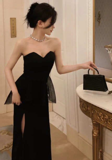 Modest Sheath Sweetheart Neck Long Evening Gown Black Formal Dress Elegant Birthday Dress DP2797 - Deanwangkt