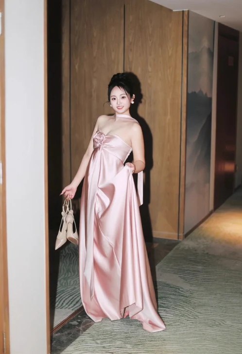 Modest Pink Empire Dress Satin Strapless Long Evening Dress Elegant Formal Dress Wedding Guest Dress DP2832 - Deanwangkt
