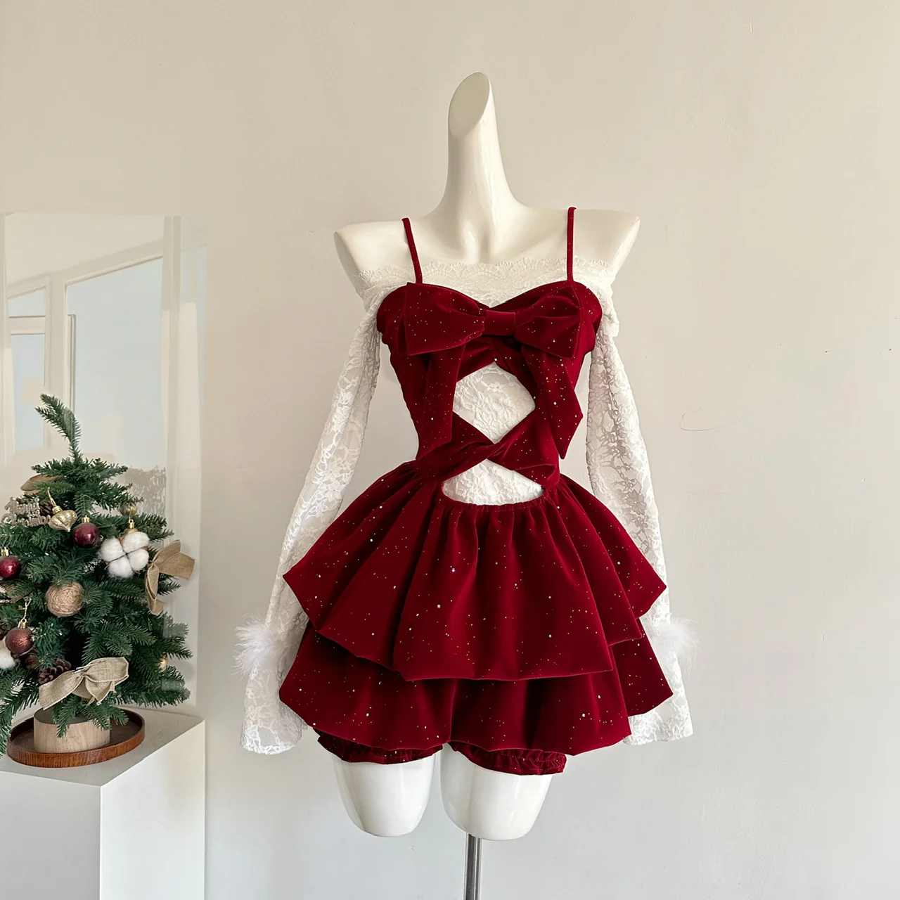 Cute Spaghetti Straps Red Ruffles Velvet Summer Dress 3 Pieces Holiday Party Outfits For Women DP0092 - Deanwangkt