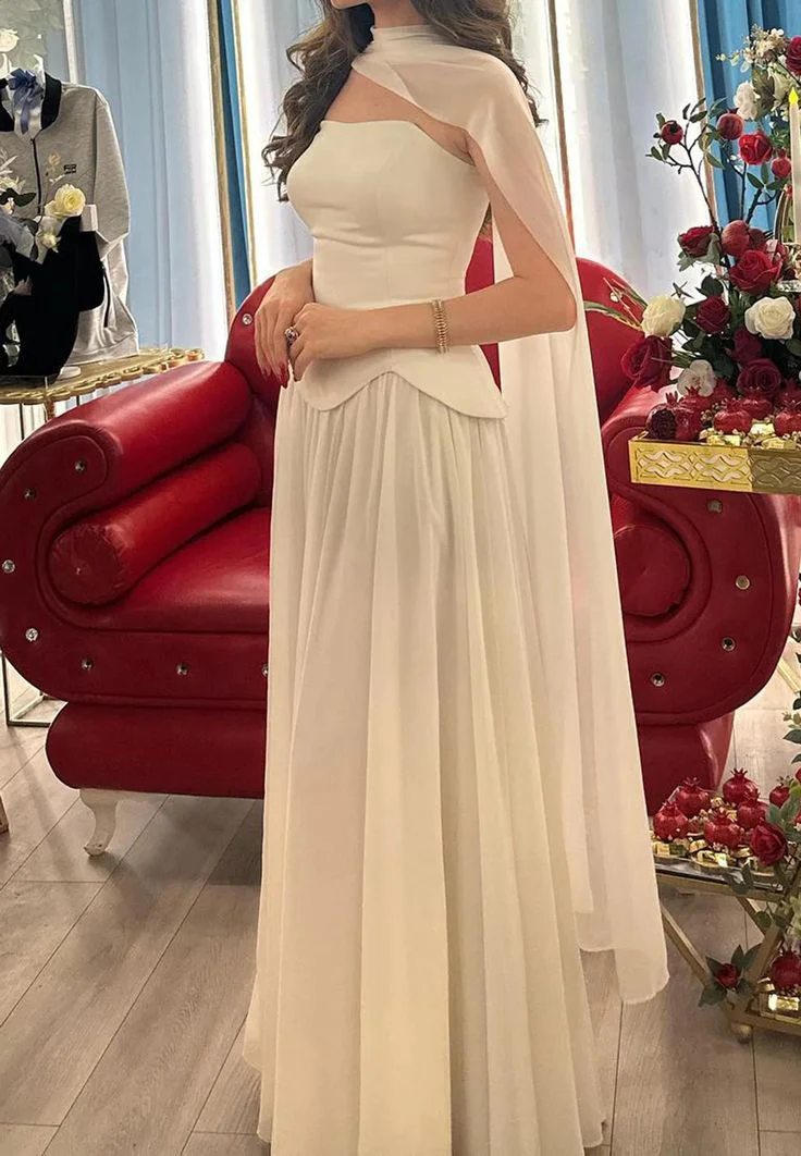 Elegant Strapless Sheath White Long Prom Dresses Sleeveless Chiffon White Evening Dresses with Shawl DP3854 - Deanwangkt