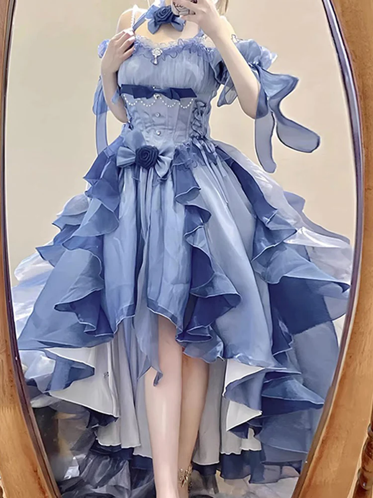 Vintage High Low Off The Shoulder Short Sleeves 16th Blue Birthday Dress Lolita Dress Birthday Outfits DP0224 - Deanwangkt