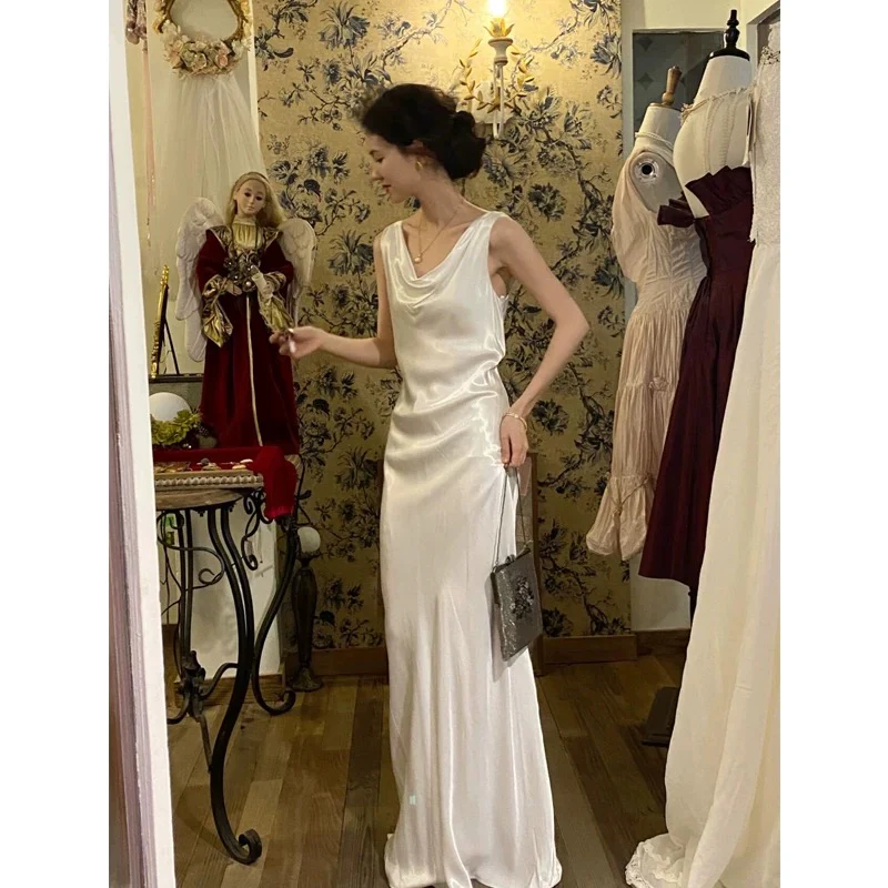 Vintage Wedding Dress Sheath Satin White Summer Beach Long Wedding Dresses Bridal Gowns W0759 - Deanwangkt