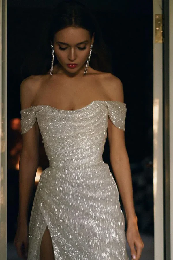 Sparkling Mermaid Off the Shoulder Silver Sequins Long Prom Dress with Split Front Formal Dresses DP507 - Deanwangkt