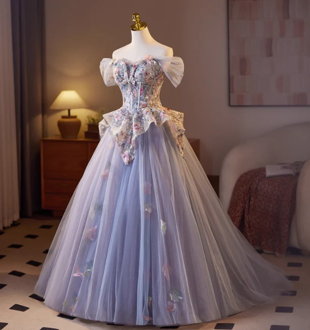 Sweet Off-shoulder A-Line Tulle Appliqued Long Prom Dresses，PurpleFormal Evening Dresses DP3142 - Deanwangkt