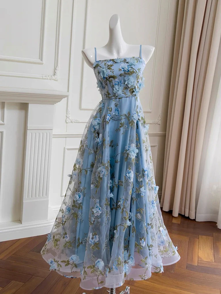 Cute Spaghetti Straps A-Line Tulle Floral Long Prom Dresses, Sky Blue Formal Evening Dresses DP3162 - Deanwangkt