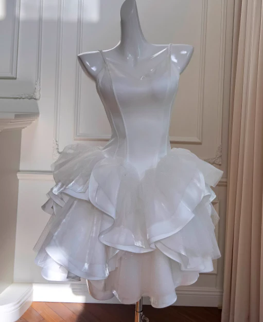 Sexy Spaghetti Strap Ball Gown Short Prom Dresses Satin Tulle Sleeveless Birthday Dresses, White Homecoming Dresses DP3087 - Deanwangkt