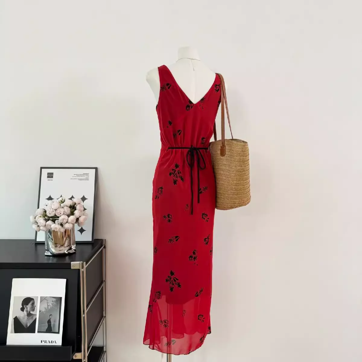 Cute A line V Neckline Red Floral Long Summer Dress For Women DP0011 - Deanwangkt