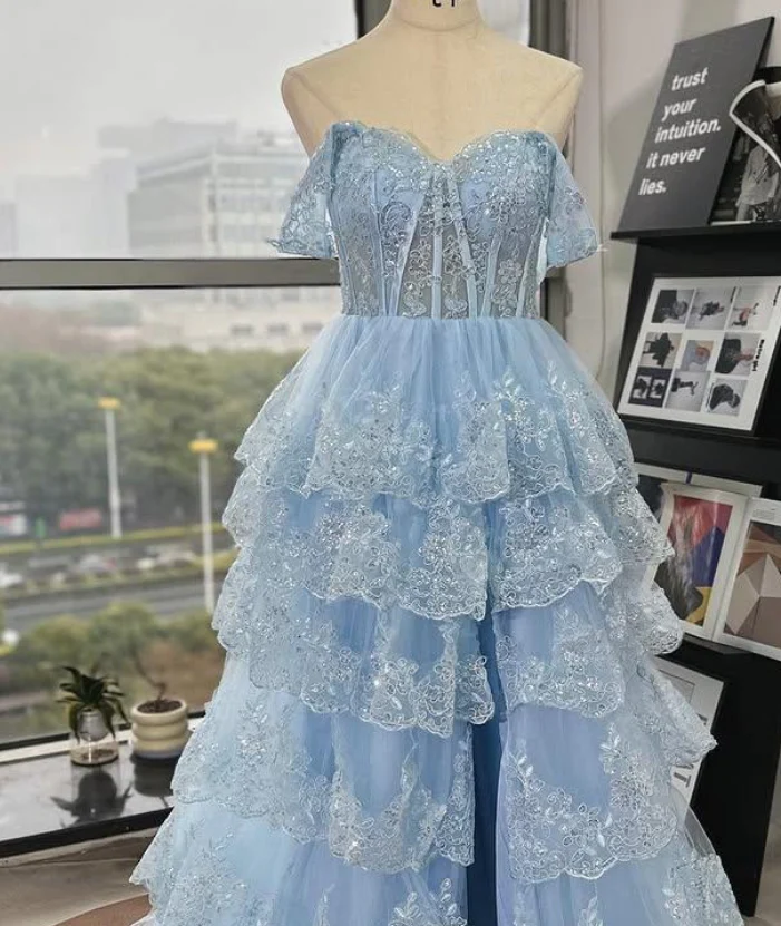 Fairy Off the Shoulder Light Blue Ruffles Prom Dress Party Gown Evening Dresses DP299 - Deanwangkt