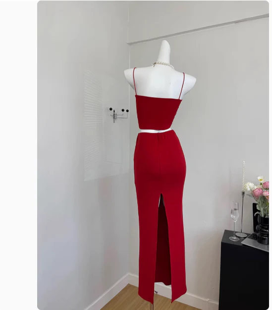 Cute Mermaid Spaghetti Straps 2 Pieces Red Long Summer Dress For Women DP0013 - Deanwangkt
