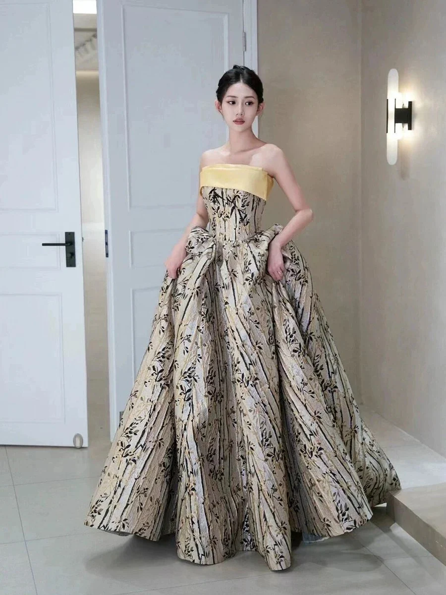 Classy Ball Gown Strapless Satin Floral Evening Dress Long Prom Dresses H2866 - Deanwangkt