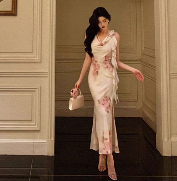 Sexy Sheath Swing Collar Floral Pink 18th Birthday Dress Holiday Party Birthday Outfits For Women DP0163 - Deanwangkt