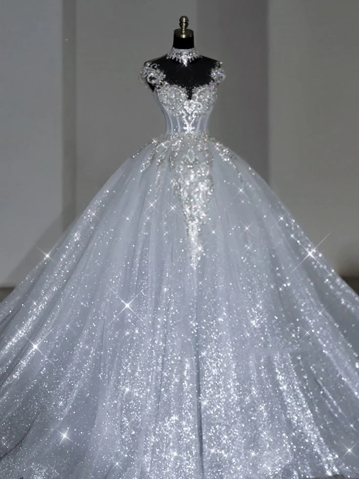 Unique Bridal Dress Ball Gown Scoop White Sequin Long Wedding Dresses Luxury Bride Dress Bridal Gowns DH1519 - Deanwangkt