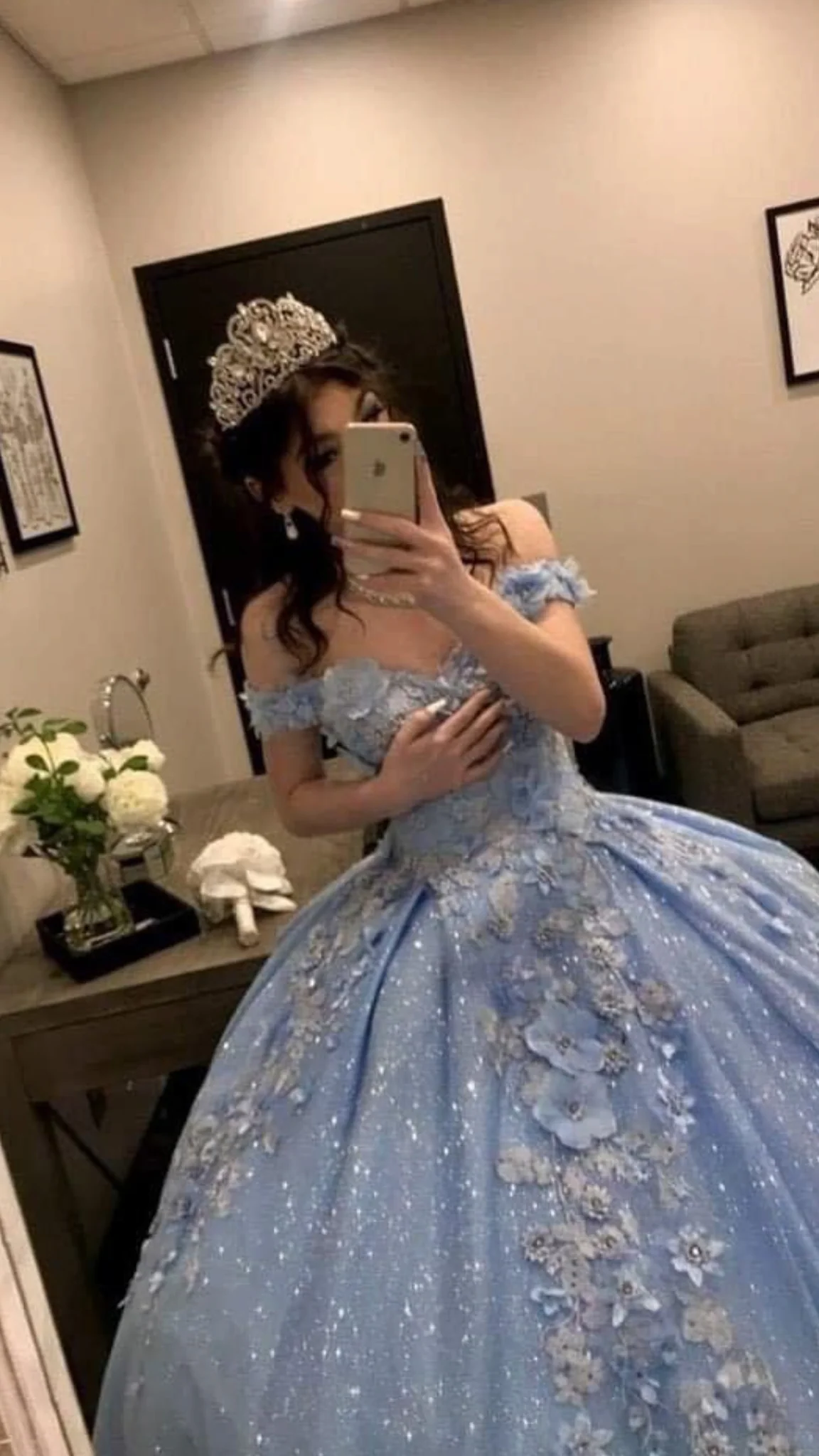 Gorgeous Sky Blue Off-the-shoulder Tulle Long Ball Gown Flower Sweet 16th Birthday Dress Cute Quinceanera Dress DH2735 - Deanwangkt