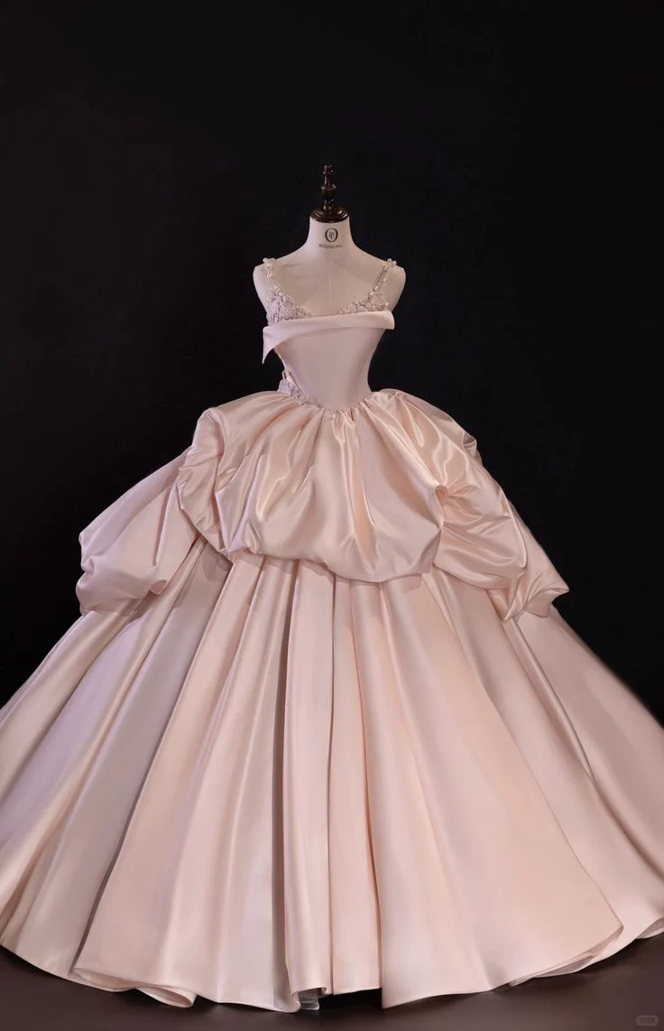 Pretty Ball Gown Straps Satin Pink Long Quinceanera Dress Formal Gowns Vestido De 15 Anos Sweet 16 Dress DH901 - Deanwangkt