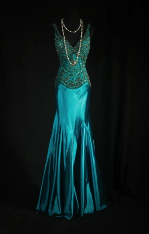 Vintage V-neck Sheath Blue Long Prom Dresses Satin Beaded Blue Evening Dresses DP3770 - Deanwangkt