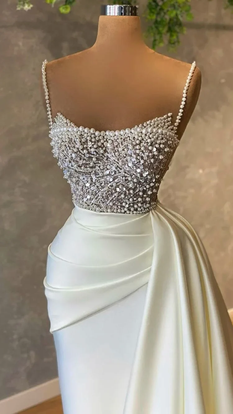 Elegant Ivory Pearls Mermaid Bridal Gown Spaghetti-Straps Beautiful Wedding Dress Brides Dress DP626 - Deanwangkt