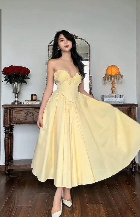 Elegant Sweetheart Neck Sheath Long Prom Dresses Satin Yellow Wedding Guest Dresses DP3685 - Deanwangkt