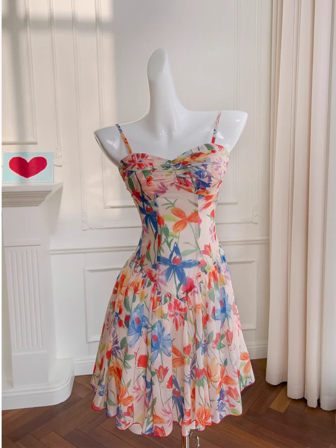 Sexy A line Spaghetti Straps Floral Chiffon Short Homecoming Dress Summer Hoco Dresses Cocktail Dress Birthday Outfits DP2288 - Deanwangkt