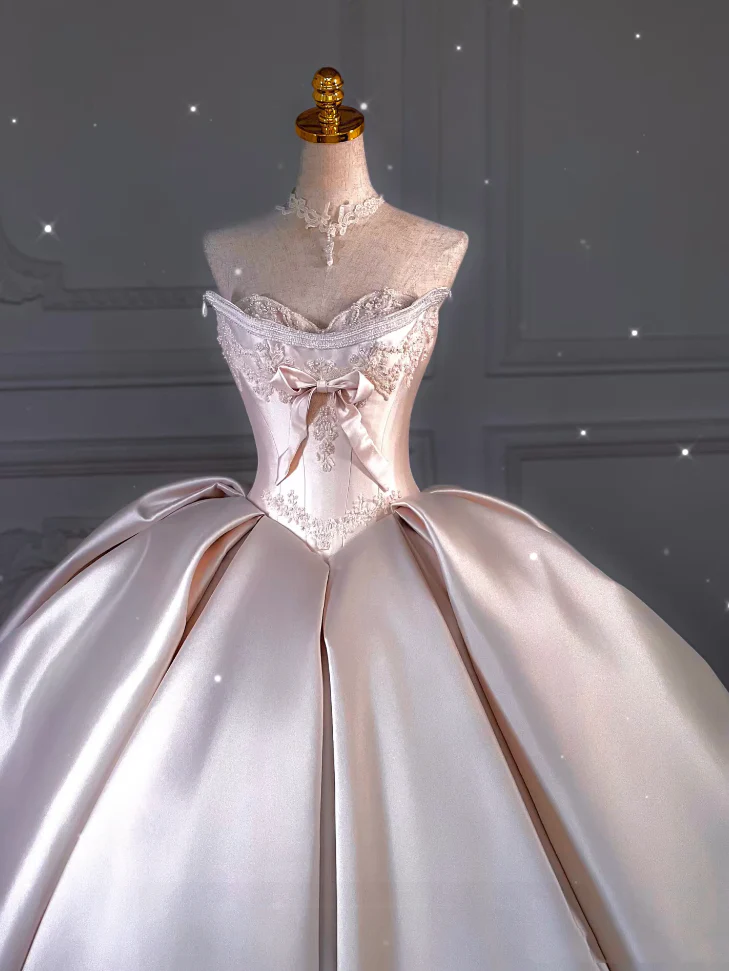 Princess Bridal Dress Ball Gown Sweetheart Sleeveless Satin Light Pink Wedding Dresses Pretty Bridal Gowns DH943 - Deanwangkt