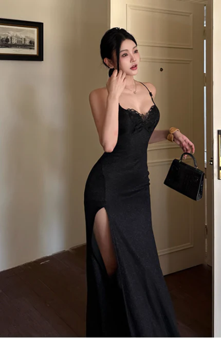 Spaghetti Strap Sheath Satin Long Prom Dresses Elegant Black Formal Evening Dress with Slits DP03041 - Deanwangkt