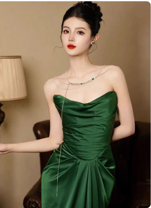 Elegant Strapless Sheath Long Prom Dresses Satin Dark Green Evening Dresses DP3802 - Deanwangkt