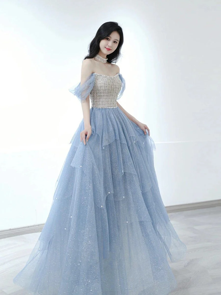 Sexy Ball Gown Off The Shoulder Blue Elegant Tulle Long Prom Dresses H2862 - Deanwangkt