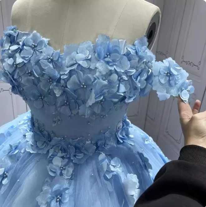 Gorgeous Sky Blue Off-the-shoulder Tulle Long Ball Gown with Flower Sweet 16 Birthday Dress Cute Quinceanera Dress DH2731 - Deanwangkt