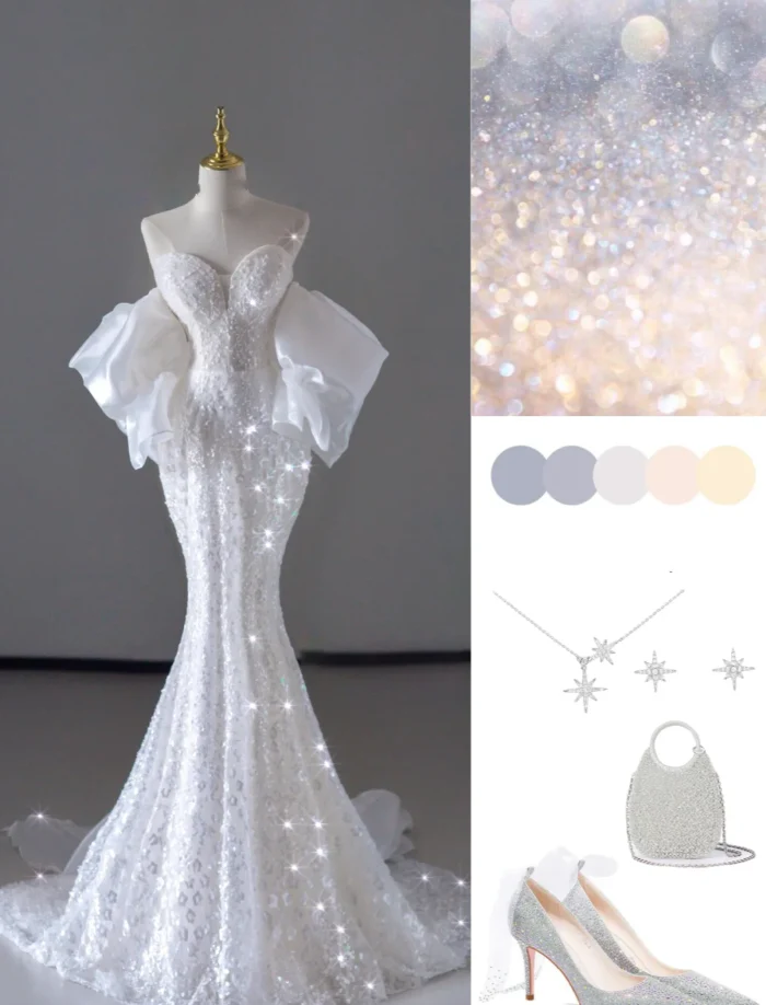 Dreamy Mermaid Off The Shoulder Sequin Long White Wedding Dresses Summer Brides Dress DP515 - Deanwangkt